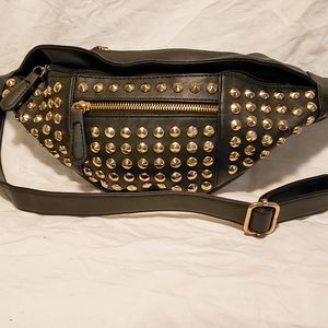 Black faux leather with gold studs hip bag